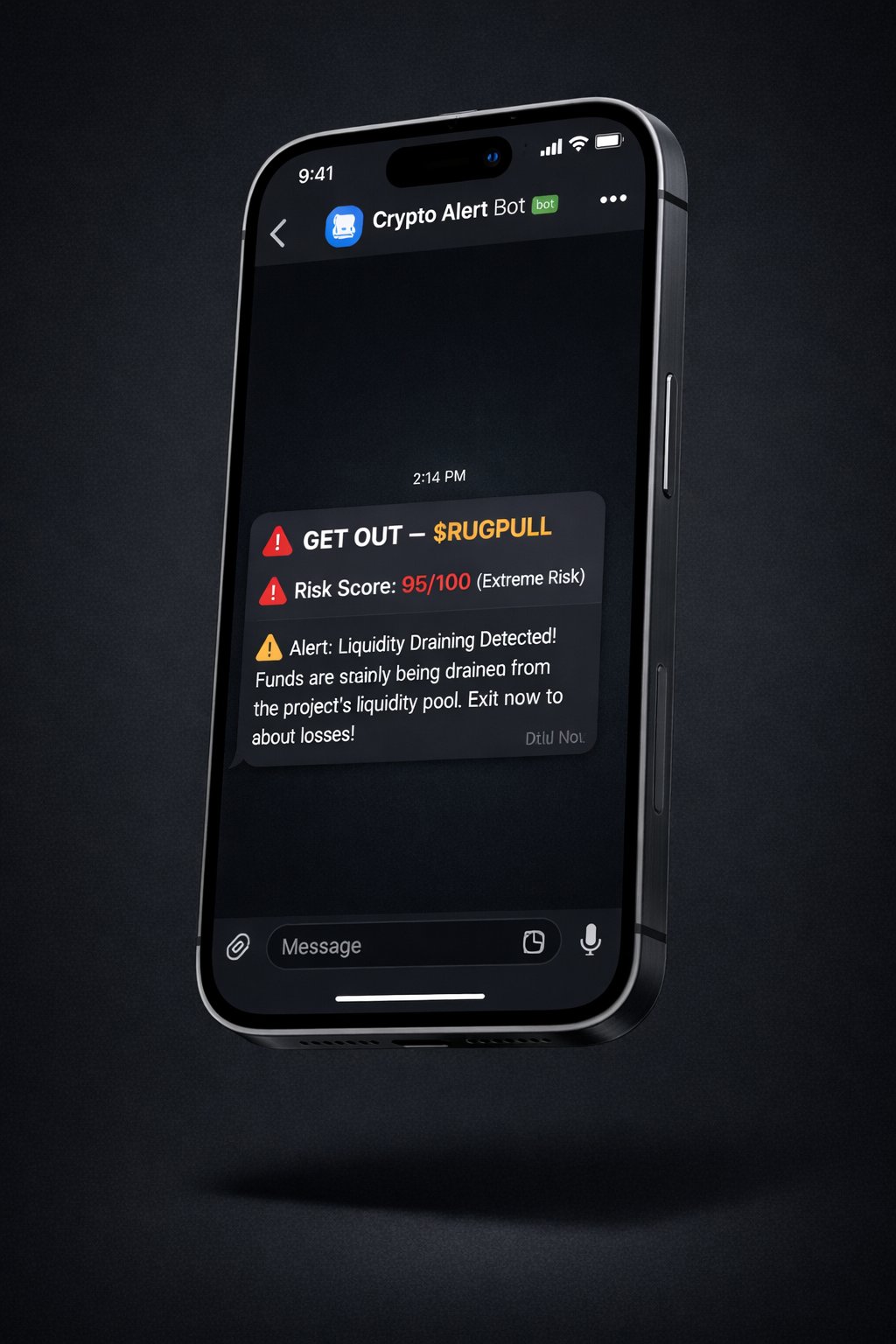 GET OUT Telegram alert mockup